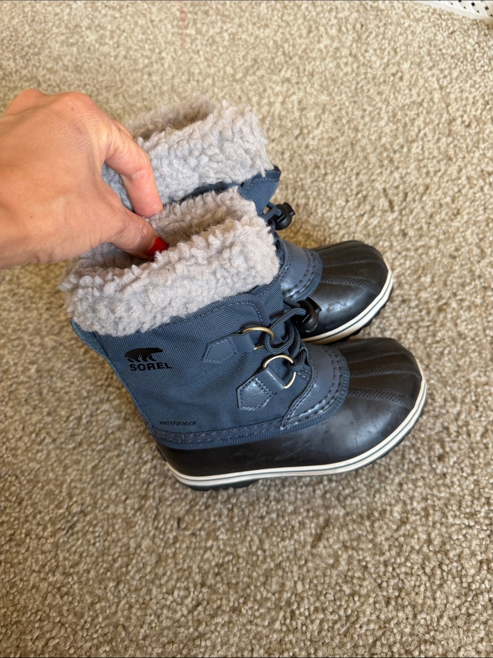 Sorel Kids Navy and Gray Waterproof Winter Boots with Sherpa Collar